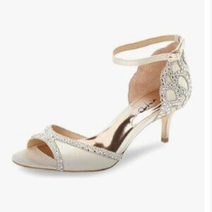 XYD Ivory Chic Peep Toe D'Orsay Kitten Heel Rhinestone Studs Ankle Strap Sandals
